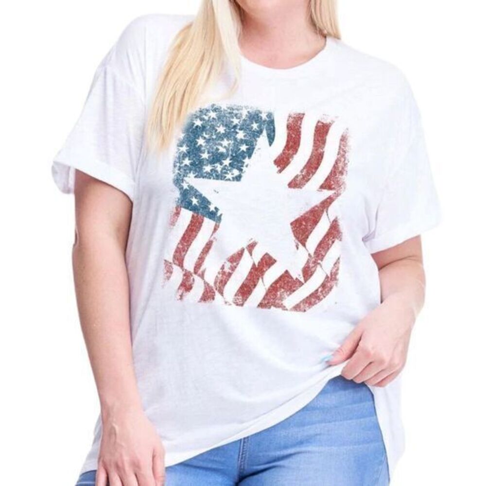 Eighty Eight 88 Women's Crew Neck American Star Burnout Graphic Tee‎ White 3XL